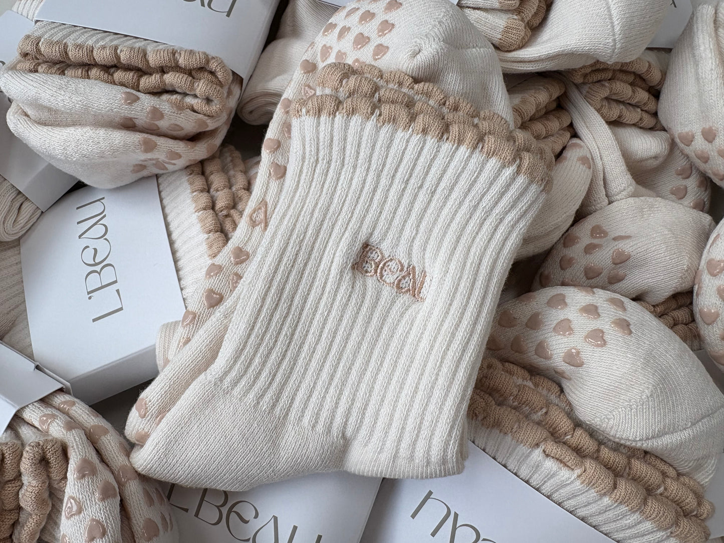 Cream and Taupe Heart grip socks