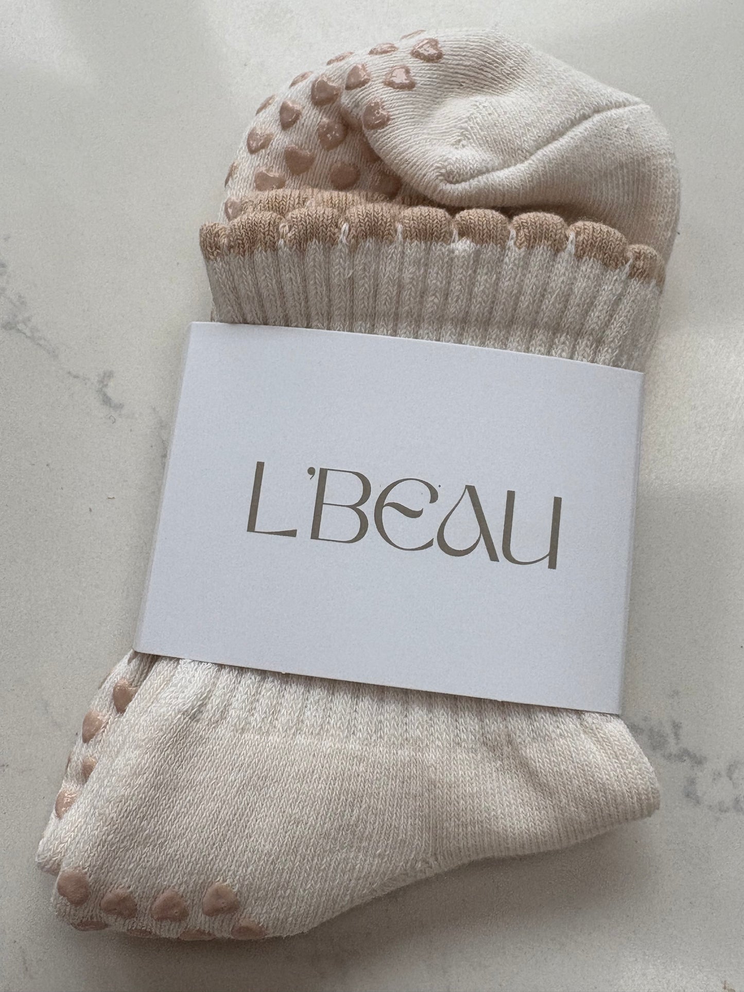 Cream and Taupe Heart grip socks
