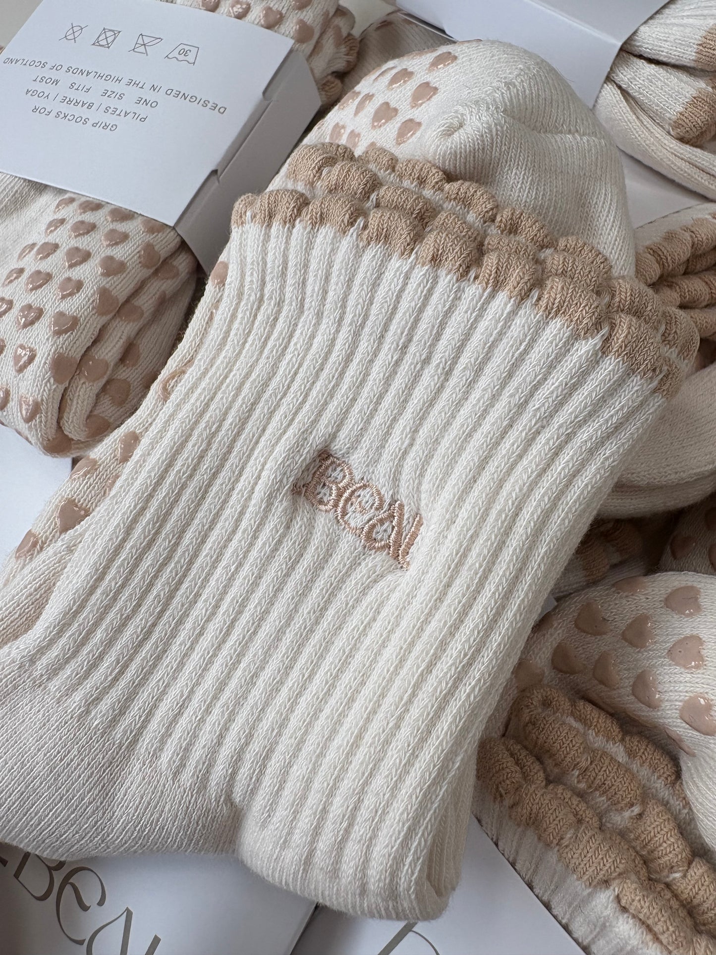 Cream and Taupe Heart grip socks