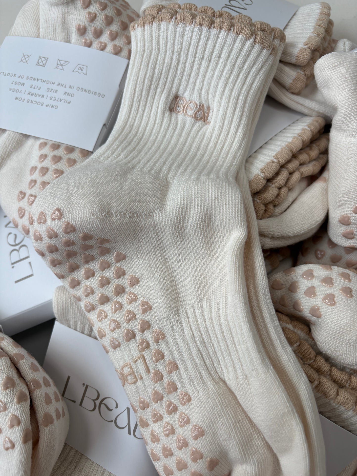 Cream and Taupe Heart grip socks