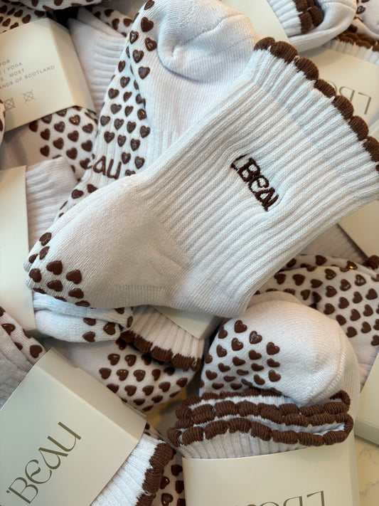Brown heart grip socks
